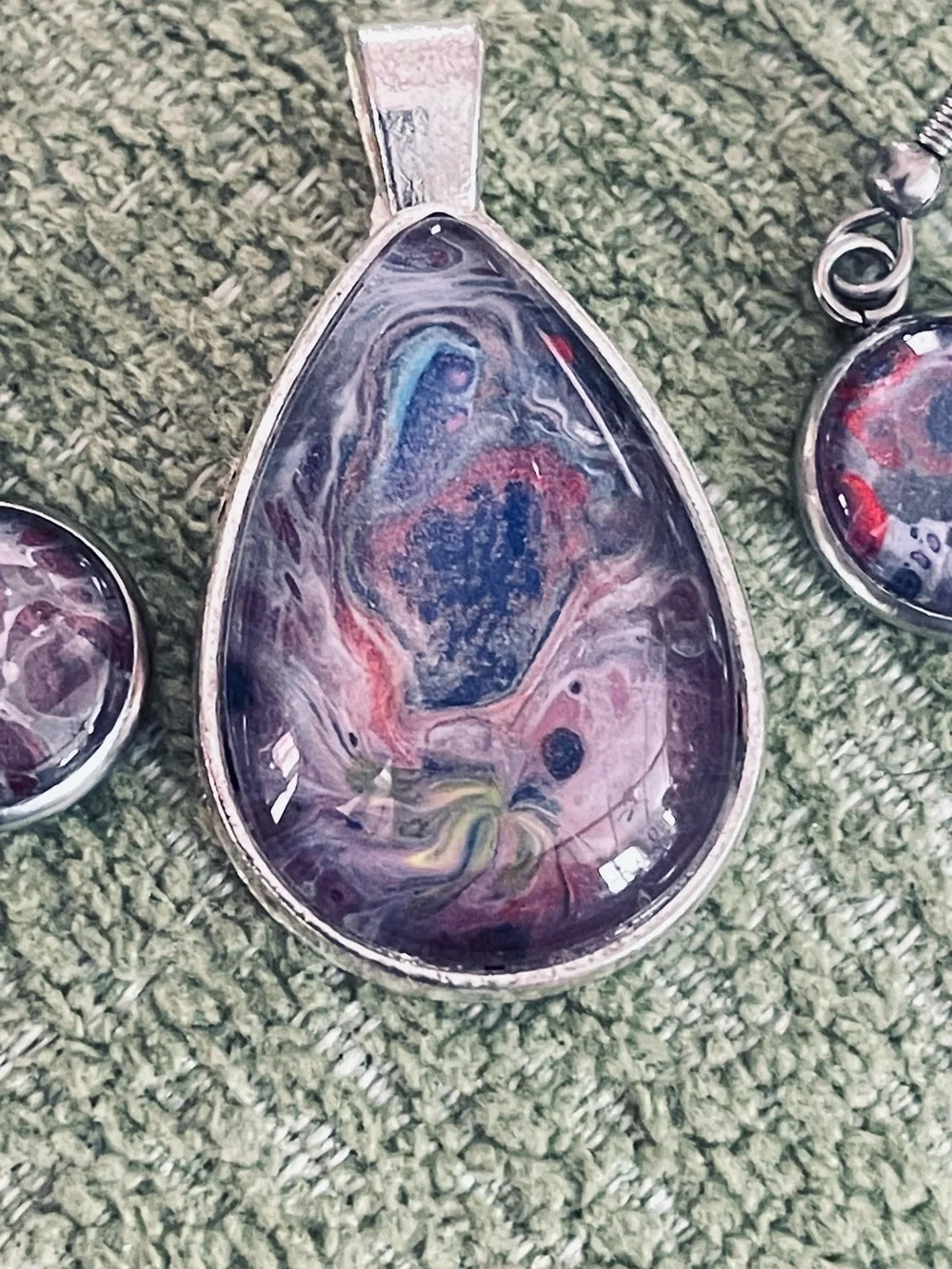Handcrafted Teardrop Pendant & Earrings Set in Purple and Multicolor by me.